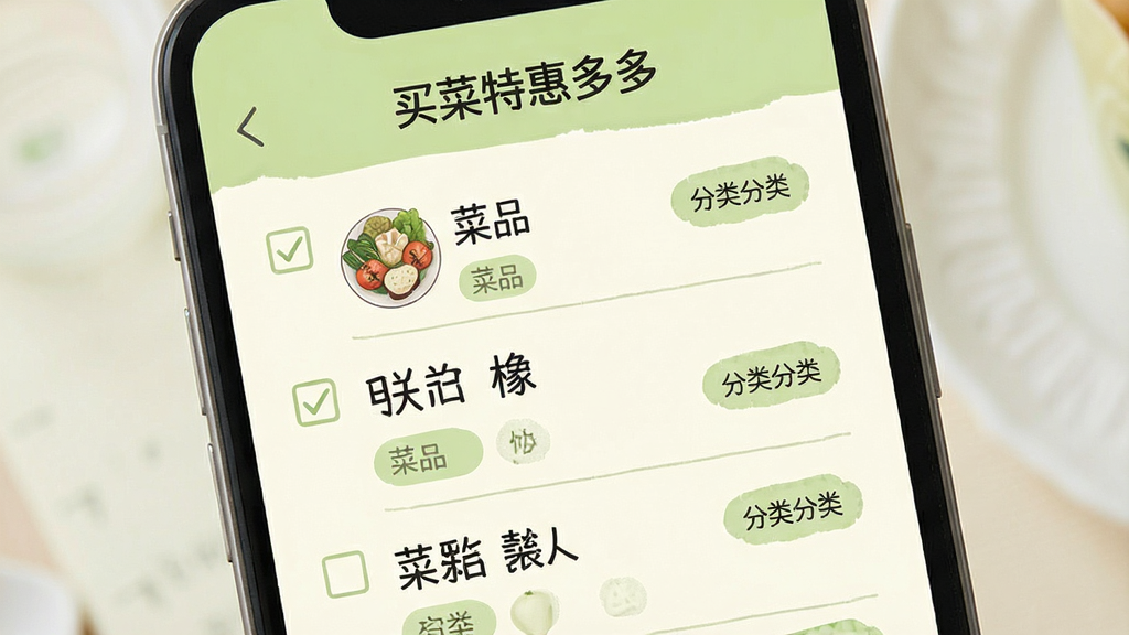 一张买菜特惠多多买菜清单功能的界面图,画面为手机屏幕展示清单列表,布局为上下结构,排版简洁,风格为清新便签风,配色以米白和浅绿为主,细节包括复选框、菜品名称和分类标签,画质高清,画面干净,无多余元素,屏幕中显示文字“买菜特惠多多”。