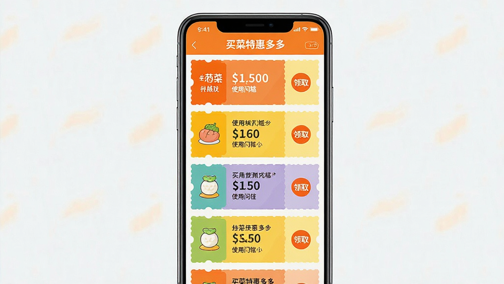 一张买菜特惠多多优惠券领取页面的手机截图,画面主体是手机屏幕,屏幕内显示多张色彩不同的优惠券卡片,布局为纵向列表,排版规整,风格为活泼促销风,配色以橙色和黄色为主,细节包括券面金额、使用门槛和领取按钮,画质高清,画面干净,无多余元素,屏幕中显示文字“买菜特惠多多”。
