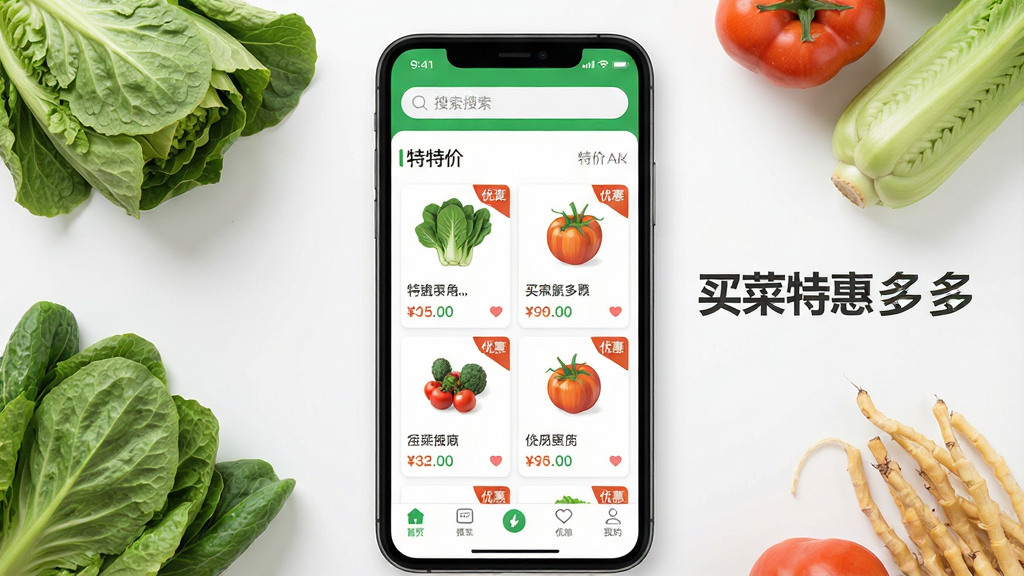 一张展示买菜特惠多多软件主界面的手机屏幕图片,画面中央是一部竖屏智能手机,屏幕内显示应用首页,顶部有搜索栏,中部为特价商品卡片列表,底部有导航菜单,整体布局简洁清晰,风格为清新扁平化设计,配色以绿色和白色为主,细节包括商品缩略图、价格标签和优惠角标,画质高清,画面干净,无多余元素,屏幕旁放置几样新鲜蔬菜作为点缀,图片中显示文字“买菜特惠多多”。