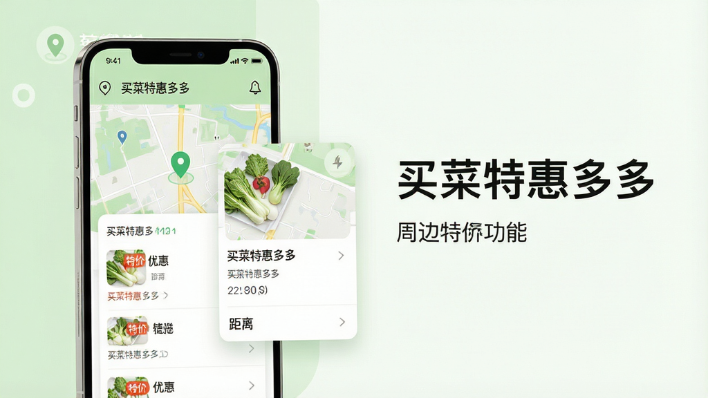 一张买菜特惠多多周边特价功能的场景图,画面主体是手机屏幕展示地图与优惠列表叠加的界面,布局采用左图右文结构,排版清晰,风格为现代简约科技风,配色以浅绿和白色为主,细节包括定位图标、特价标签和距离显示,画质高清,画面干净,无多余元素,屏幕中显示文字“买菜特惠多多”。