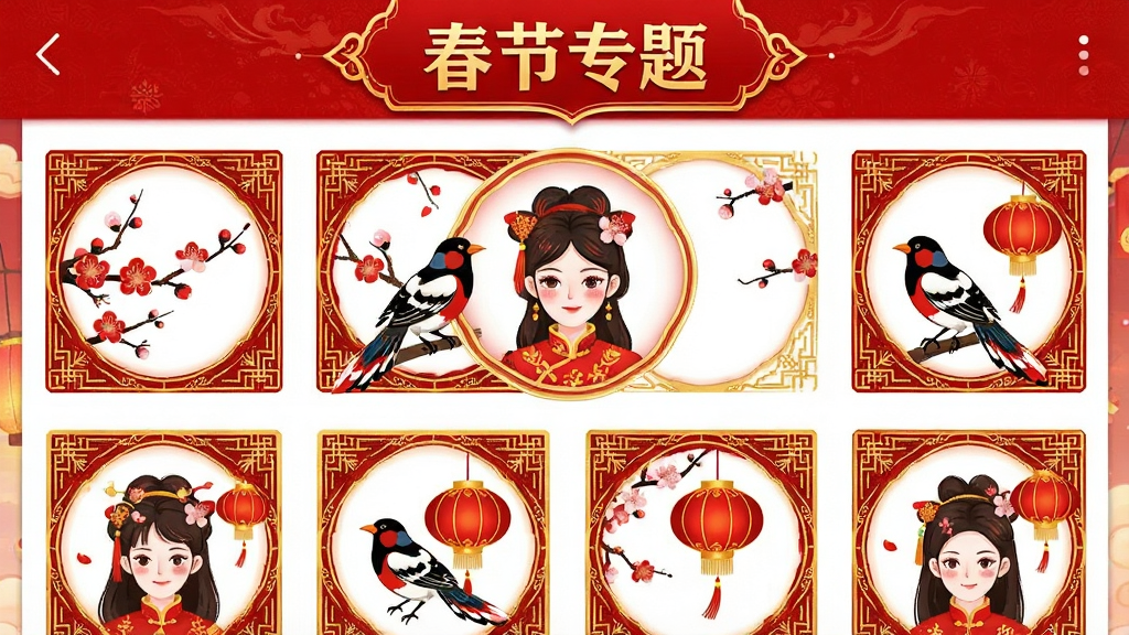 一张喜尚眉梢节日专题页面的手机截图,页面以红色为主色调,展示多款带有梅花、喜鹊、灯笼元素的节日头像模板,顶部有“春节专题”字样,模板排列整齐,风格喜庆热烈,细节包括金色边框和祝福文字,画质清晰,无多余元素