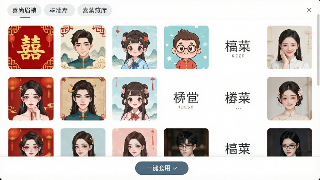一张展示喜尚眉梢头像模板库的界面截图,画面中整齐排列着多行头像模板缩略图,每行包含不同风格如红色喜庆、国风、卡通、简约文字等,顶部有分类标签栏,底部有“一键套用”按钮,整体布局清晰,风格为清新浅色系UI,画质干净,无杂乱元素
