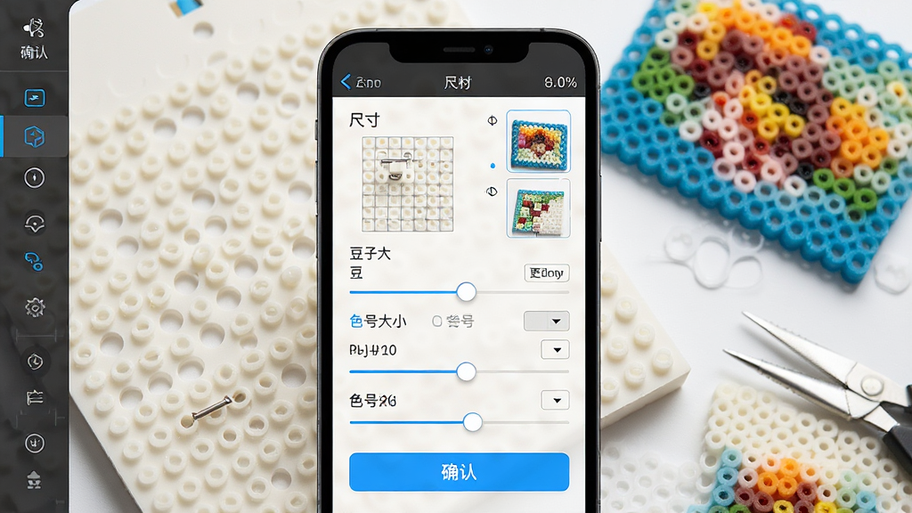 一张展示图转拼豆图纸集参数设置面板的图片,画面主体为手机屏幕显示网格尺寸、豆子大小、色号字体等调节滑块,背景为拼豆底板和成品半成品,布局为侧边栏排版,风格科技感,细节包含数字刻度、预览小图、确认按钮,画质高清,干净,无多余元素
