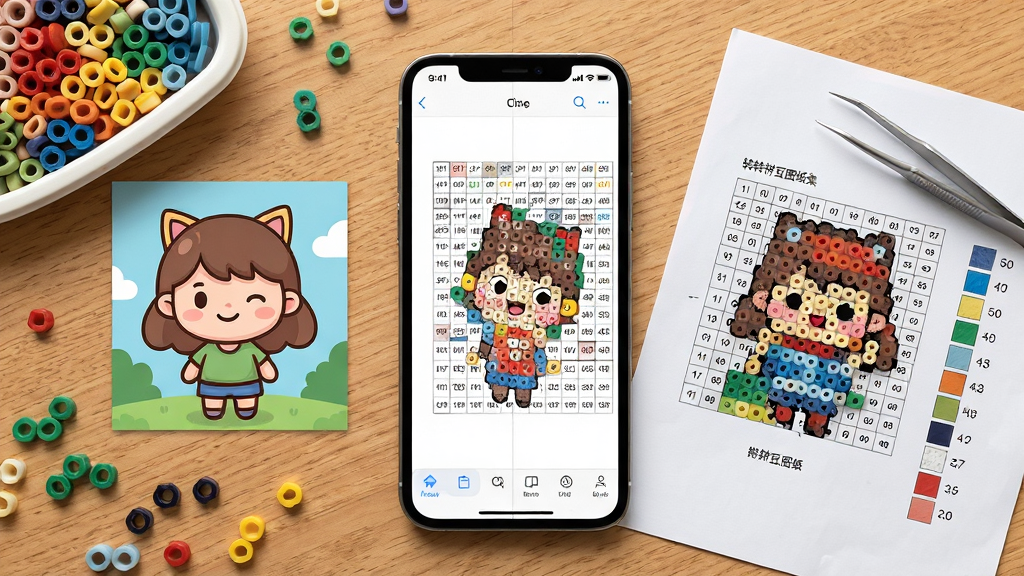 一张展示手机屏幕显示拼豆图纸转换效果的图片,画面中央是图转拼豆图纸集软件界面,左侧为原始卡通图片,右侧为带有色号网格的拼豆图纸,主体为手机与拼豆成品摆放在木质桌面上,布局采用左右对比排版,风格清新写实,细节包含彩色拼豆豆子、镊子、图纸色块标注,画质高清,干净,无多余元素