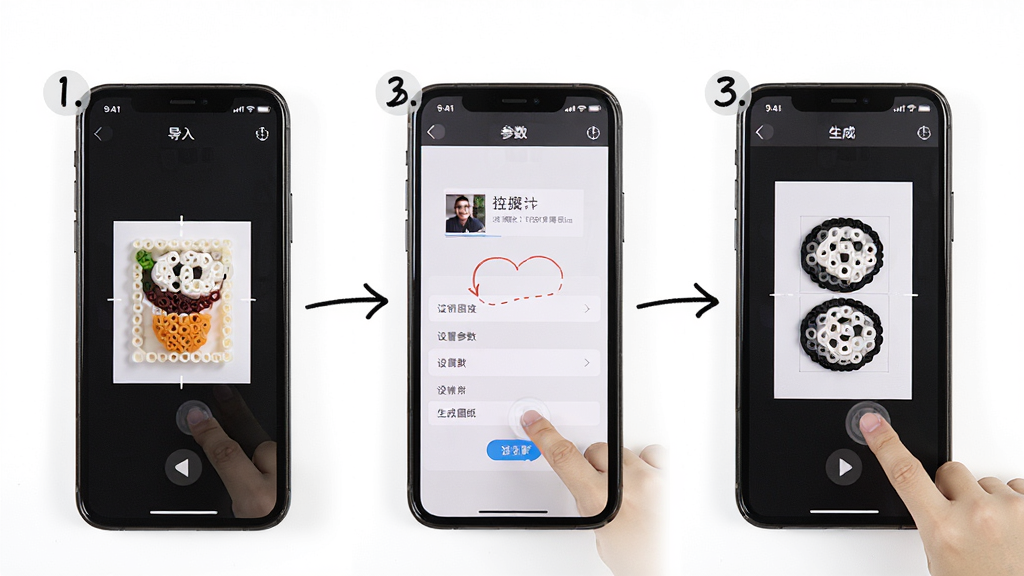 一张展示图转拼豆图纸集新手操作步骤的图片,画面主体为手机屏幕分步显示导入图片、设置参数、生成图纸三个界面,旁边有手写标注箭头,布局为横向流程排版,风格教程图解,细节包含步骤数字、手机边框、操作手势,画质高清,干净,无多余元素