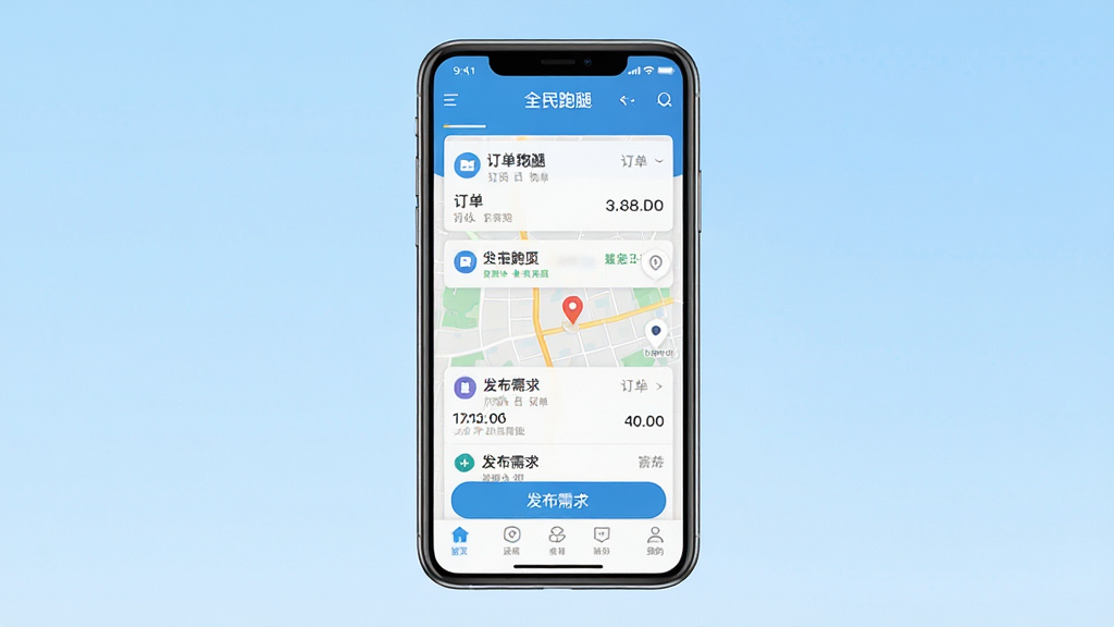一张展示全民跑腿软件主界面的手机应用截图风格图片,画面中央是一部竖屏智能手机,屏幕上显示全民跑腿应用首页,包含订单列表、地图定位、发布需求按钮等元素,背景为浅蓝色渐变,布局简洁清晰,风格现代扁平化,细节包括图标、文字标签和导航栏,画质高清干净,无多余元素