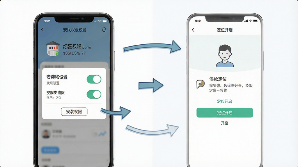 一张展示全民跑腿新手操作指引的AI生图,画面主体为手机屏幕显示安装权限设置和定位开启界面,布局为分步图解式,排版清晰,风格扁平化教程插画,细节包括权限开关、提示文字、箭头指引,画质高清,干净无多余元素