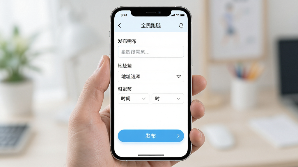 一张展示全民跑腿一键发布需求界面的AI生图,画面主体为手机屏幕上的发布表单,布局为上下结构,排版简洁,风格清新浅色系UI,细节包括输入框、地址选择、时间选项和发布按钮,画质高清,干净无多余元素
