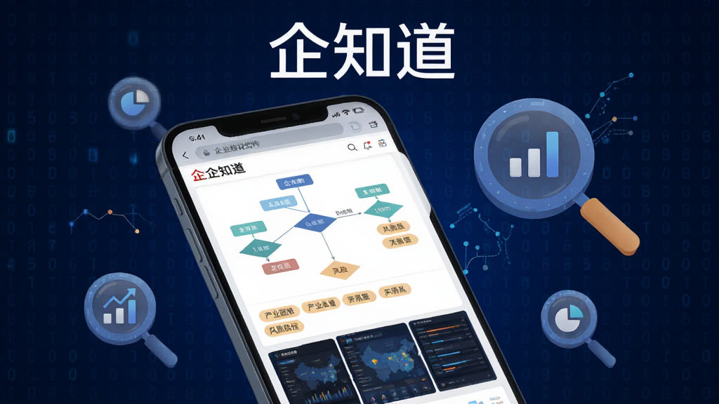 画面主体为“企知道”企业情报页面,手机屏幕显示企业股权结构图与风险标签,下方有产业图谱缩略图;背景为深蓝色数据矩阵,漂浮放大镜与图表图标;风格为商务科技插画,文字“企知道”位于顶部,画质高清,构图清晰,无多余装饰。