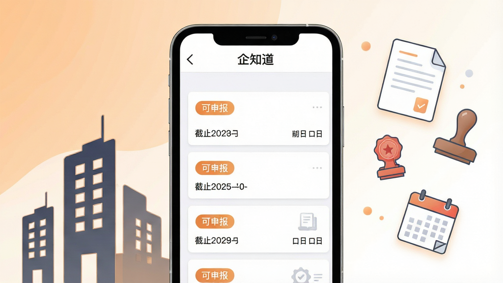 画面中央为“企知道”政策匹配页面,手机屏幕显示多条政策卡片,每张卡片带有“可申报”标签与截止日期;背景为浅橙色与白色渐变,右侧漂浮文件、印章与日历图标,左侧有企业轮廓剪影;风格为清新商务插画,文字“企知道”位于顶部导航栏,画面整洁,画质高清,无多余元素。