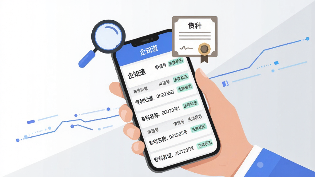 画面主体为一只手握持手机,屏幕展示“企知道”专利检索结果列表,每条记录包含专利名称、申请号与法律状态标签;手机上方漂浮放大镜与专利证书图标,背景为白色与浅灰拼接的简洁空间,点缀蓝色数据线条;风格为现代科技扁平插画,文字“企知道”出现在屏幕顶部,画质清晰,构图干净,无多余装饰。