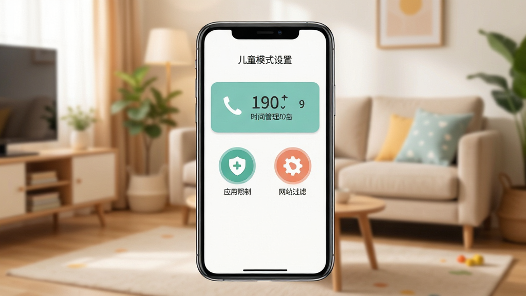 儿童模式手机锁软件主界面展示,画面中央是一部智能手机,屏幕上显示儿童模式设置面板,包含时间管理、应用限制、网站过滤等功能图标,背景是温馨的家庭客厅环境,风格简洁明快,色彩柔和,细节清晰,画质高清,干净无多余元素。