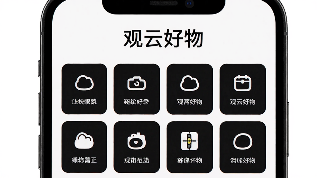 手机屏幕特写,画面中“观云好物”四个字位于顶部居中,下方是整齐排列的方形商品卡片,每张卡片配有简洁图标与短文字说明,背景为纯白色,风格干净清爽,画质细腻,无杂乱元素