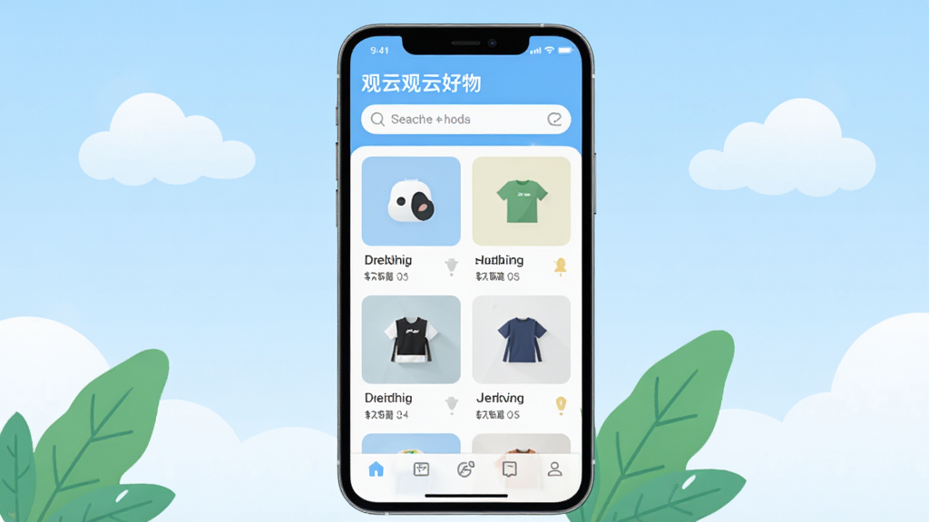 画面主体是一部智能手机,屏幕显示“观云好物”应用界面,界面布局为顶部搜索栏加中部卡片式商品推荐列表,底部为导航栏;背景为浅蓝色渐变,手机两侧点缀云朵与绿叶元素;整体风格清新简约,扁平化设计,细节干净,画质清晰,无多余元素