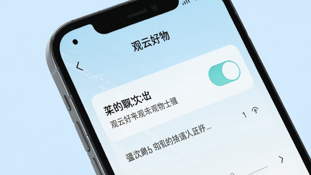 手机屏幕显示“观云好物”设置页面,页面中有开关按钮与文字说明,顶部有“观云好物”字样,背景为淡蓝色,风格清新浅色,画质细腻,无多余元素