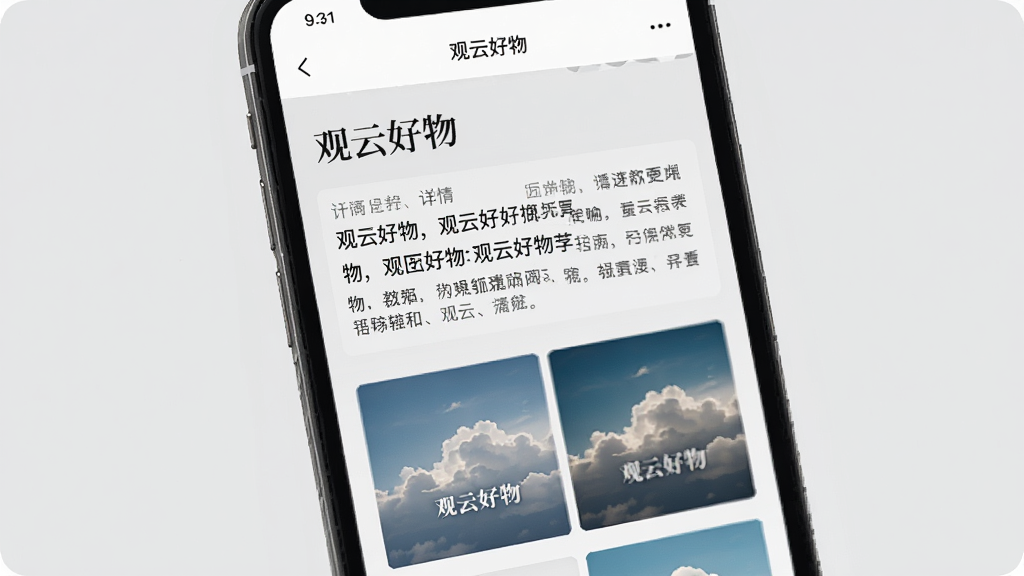 手机屏幕显示“观云好物”内容详情页,页面中有文字段落与配图,顶部标题为“观云好物”,背景为浅灰色,排版整洁,字体清晰,风格素雅,画质干净,无多余元素