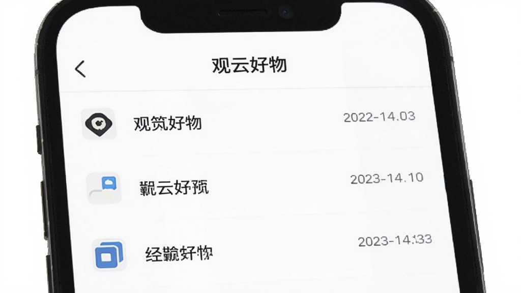 手机界面展示“观云好物”浏览历史列表,列表项为简洁文字条目,左侧有小图标,右侧有日期标注,顶部标题栏写有“观云好物”,背景为白色,风格简约商务,画质清晰,无杂乱元素