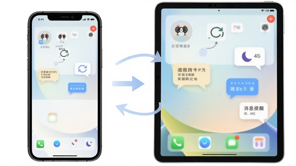 一个圈圈跨端同步与消息提醒示意图,主体是手机和平板并排显示同一账号界面,布局左右对比,排版展示同步箭头和消息气泡,风格清爽素雅,细节包含同步图标、通知角标、免打扰月亮图标,画质高清,干净无多余元素