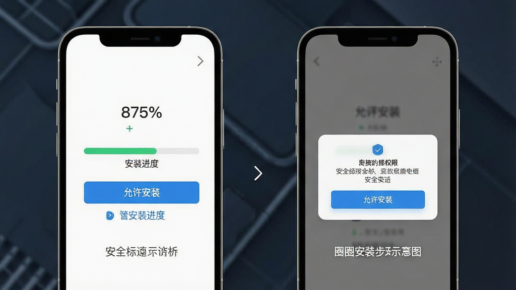 一个圈圈安装步骤示意图,主体是手机屏幕显示安装进度条和权限弹窗,布局上下分步展示,排版清晰,风格简约商务,细节包含“允许安装”按钮、进度百分比、安全提示文字,画质高清,干净无多余元素