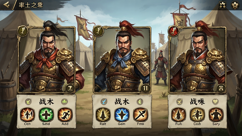 率土之滨武将战法搭配界面,展示三位三国武将的卡牌形象与战法技能图标,背景是古代军营帐幕,中国古风卡牌游戏风格,布局清晰,武将形象威武,画质细腻干净,无多余元素