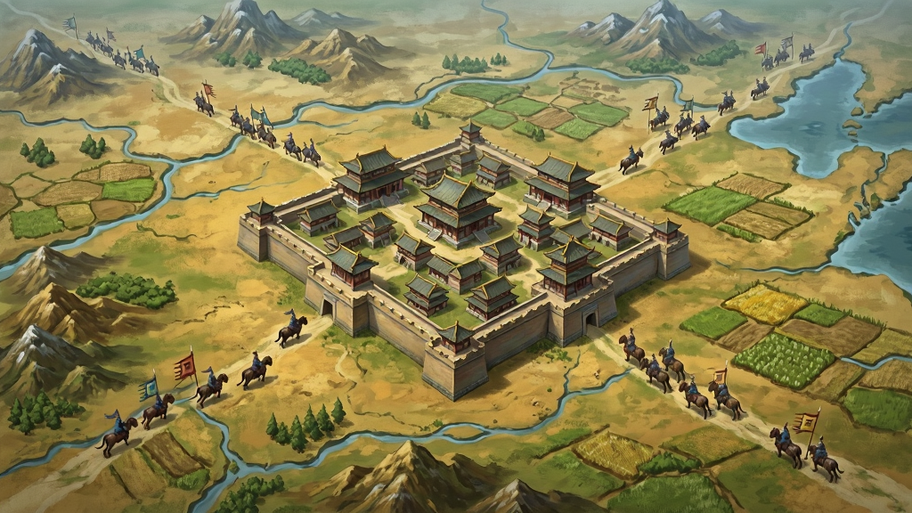 广阔的三国沙盘大地图场景,中央是宏伟的古代城池,四周分布着山川河流与农田,多支军队在野外行军,画面布局开阔大气,中国古风写实插画风格,细节丰富,城池建筑精致,色彩以土黄与青绿为主调,画质细腻干净,无多余元素