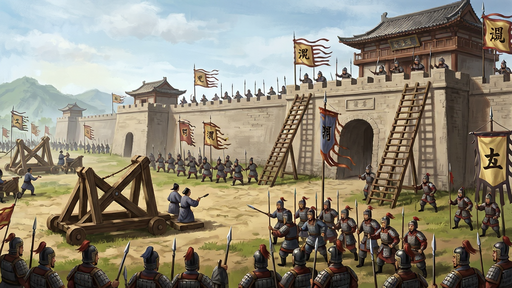 率土之滨同盟征战场景,众多玩家部队在城池下集结攻城,画面中有投石车与云梯,城墙上有守军抵抗,中国古风战争插画风格,气势恢宏,布局饱满,画质高清干净,无多余元素