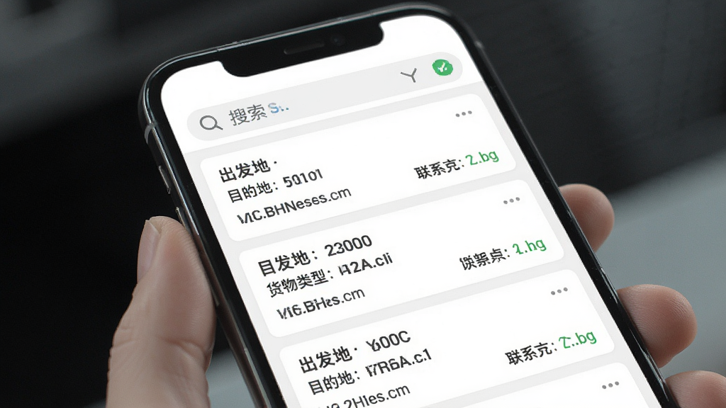手机屏幕展示货车送货帮软件货源列表页面,屏幕上方显示搜索筛选栏,下方整齐排列多条货运订单信息,每条订单包含出发地目的地货物类型和联系方式,背景为简洁的白色界面,整体采用扁平化UI设计风格,画面清晰干净,高清画质