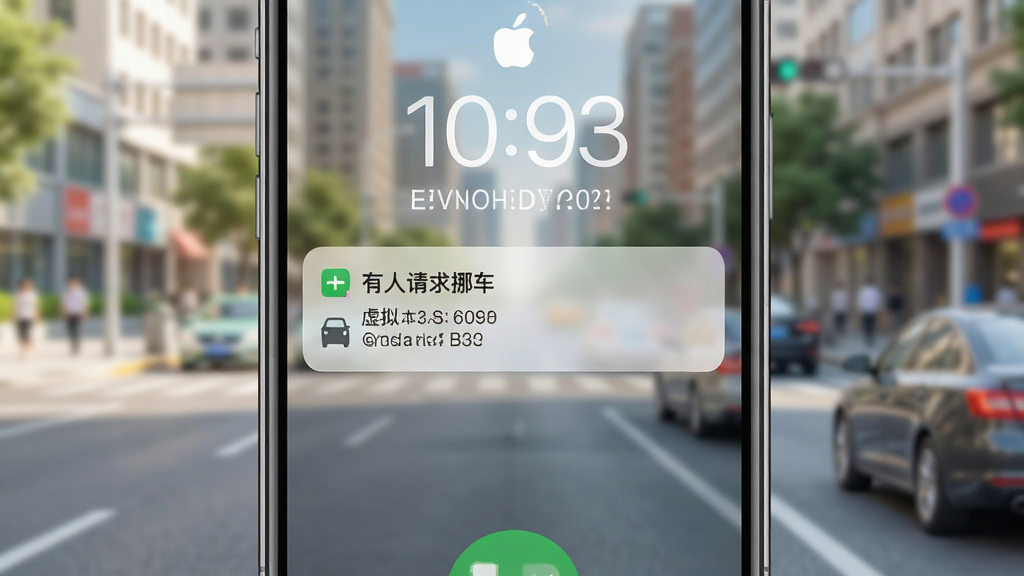 一键挪车码实时通知功能界面图,画面中央为手机锁屏状态弹出挪车请求通知卡片,卡片上显示“有人请求挪车”字样和虚拟号码,背景为模糊的城市街道场景,风格写实,光线明亮,细节清晰,画质干净,无多余元素