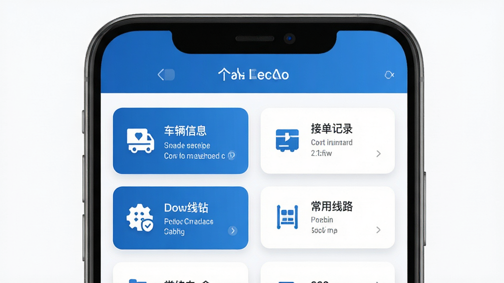 货车送货帮软件个人中心页面展示,包含车辆信息管理、接单记录、常用线路设置等功能模块图标,界面采用卡片式布局,配色以蓝白为主,整体简洁大方,高清画质,干净无多余元素