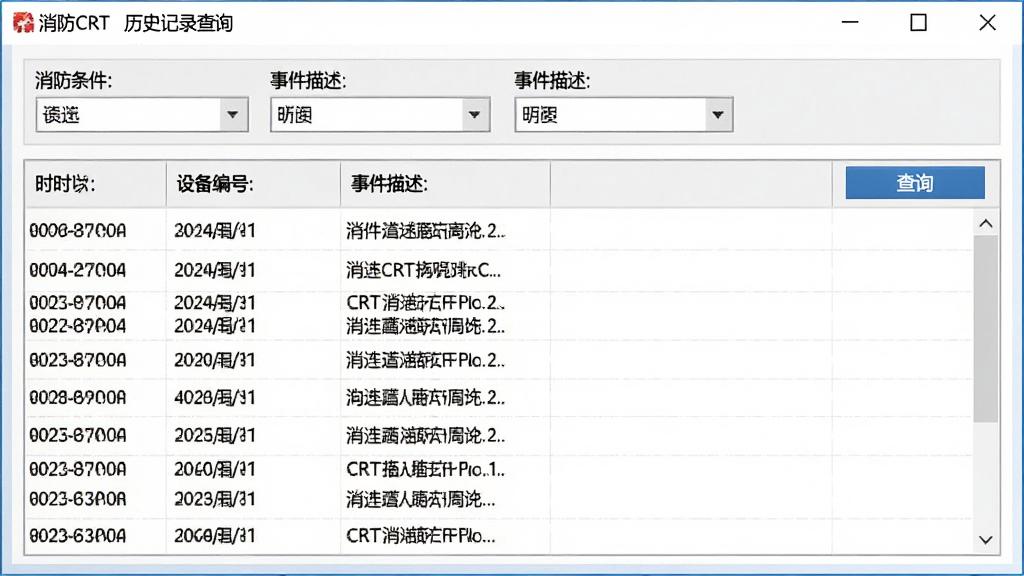 消防CRT历史记录查询界面,主体为软件窗口中的表格数据列表,布局为上方筛选条件栏,下方为多行记录表格,排版整齐,风格为简洁商务软件界面,细节包括时间列、设备编号列、事件描述列与查询按钮,画质清晰,干净,无多余元素