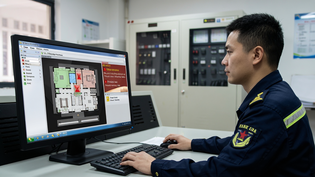 消防CRT使用场景示意图,主体为消防控制室内一名值班人员正在操作电脑,布局为前景显示消防CRT软件界面,背景为消防主机柜,排版自然,风格为写实摄影风格,细节包括软件界面上的平面图与报警提示,画质清晰,干净,无多余元素