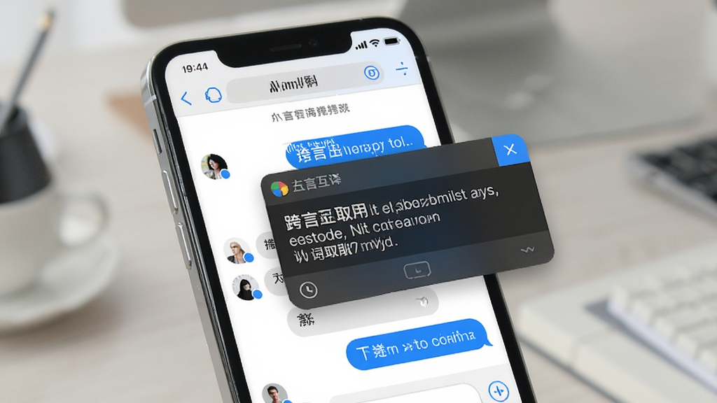 跨言互译跨应用取词翻译场景展示,画面为手机屏幕中同时呈现聊天界面与悬浮翻译窗口,悬浮窗内显示译文内容,界面布局合理,风格现代简洁,配色以白蓝为主,细节干净,画质高清,无多余元素