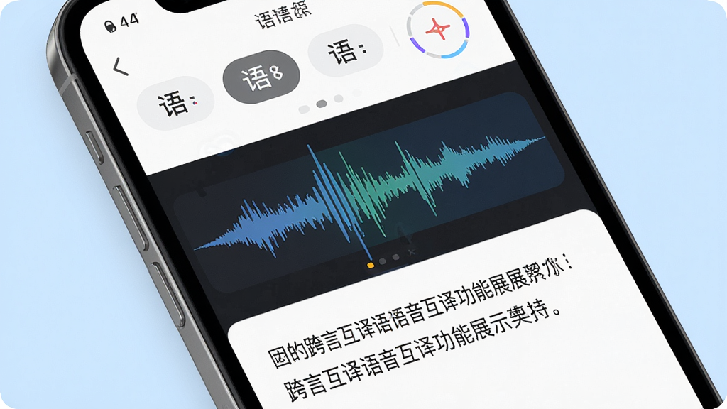 跨言互译语音互译功能展示,画面中一部手机正在显示语音波形与翻译结果,屏幕上方为语言选择,中部为声波动态图形,下方为译文文本,背景为柔和浅蓝色,风格清爽明快,细节清晰,画质高清,无多余元素