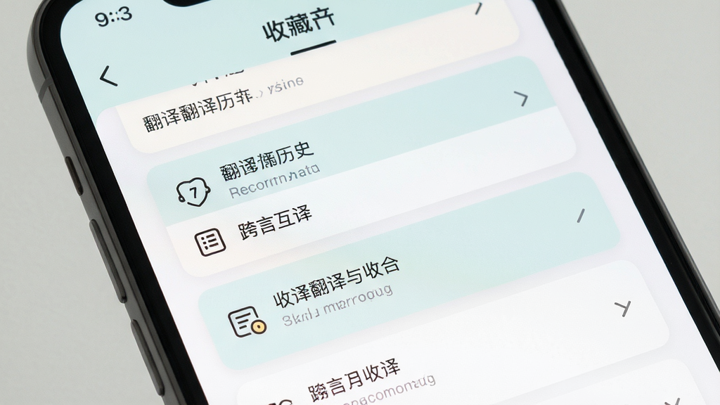 跨言互译翻译记录与收藏界面展示,画面为手机屏幕内显示翻译历史列表与收藏夹标签,条目排列整齐,界面采用卡片式设计,配色柔和,风格清新,细节清晰,画质高清,无多余元素