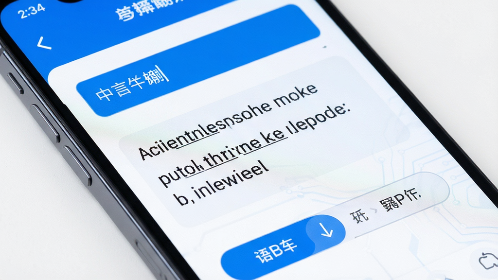 跨言互译多语种文本翻译功能展示,画面为手机屏幕特写,屏幕内显示中文输入框与英文译文对照排列,语种切换按钮清晰可见,界面采用蓝白配色,布局整齐,风格简约科技感,细节干净,画质高清,无多余元素