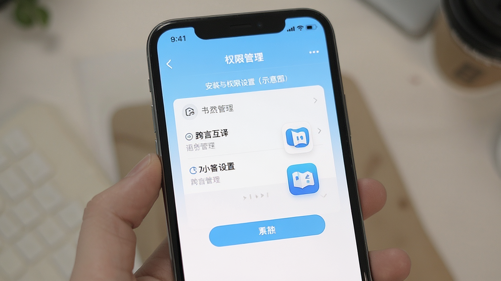 跨言互译安装与权限设置示意图,画面为手机屏幕显示权限管理界面与翻译应用图标,界面布局清晰,风格简洁,配色以白色与浅蓝为主,细节干净,画质高清,无多余元素