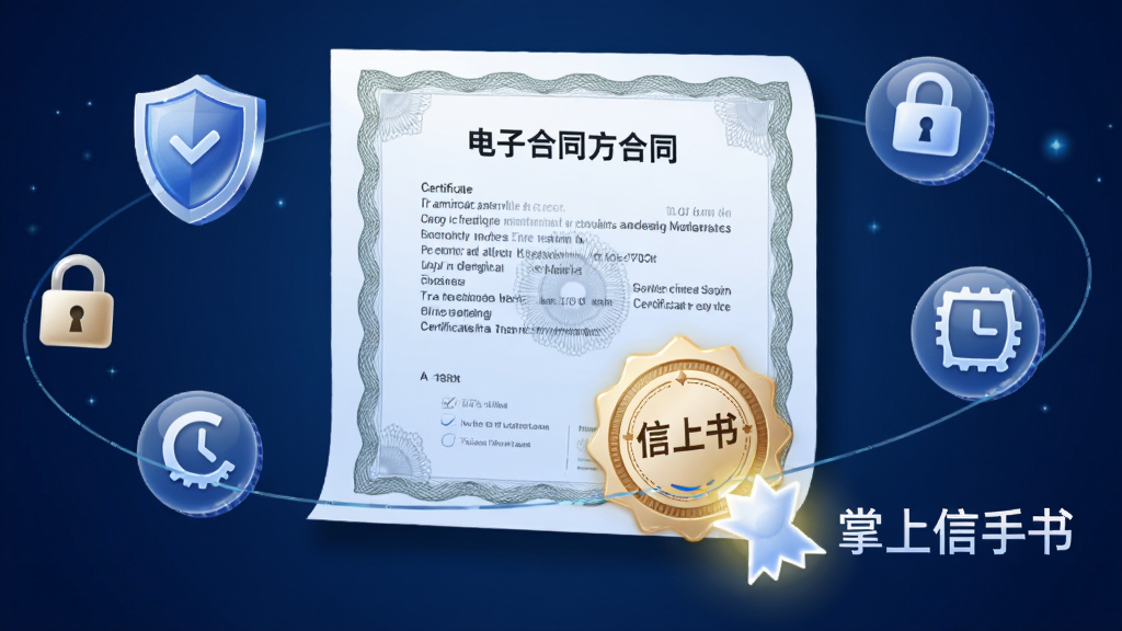 一块悬浮的电子合同文档,文档右下角有一个发光的数字证书印章,印章旁显示“掌上信手书”字样。围绕文档有盾牌、锁、时间戳等安全图标环绕排列。背景为深蓝色渐变科技背景,风格为安全可信的商务插画风,细节包括证书上的微缩文字、图标的光泽质感、文档边缘的细微投影。画质清晰,干净,无多余元素。
