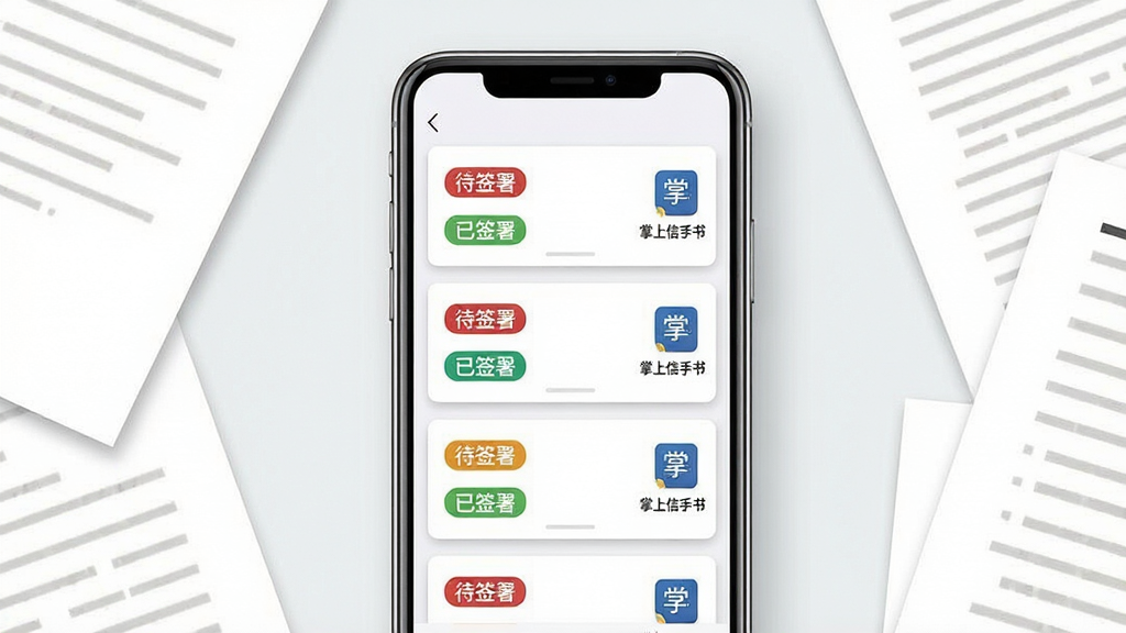 手机屏幕内展示一个任务列表界面,列表中排列着多份文件卡片,每张卡片上标注“待签署”“已签署”状态标签,卡片右侧有“掌上信手书”的小图标。手机旁边散落着几份纸质文件作为对比。布局为手机居中,文件环绕。风格为扁平化UI展示风,细节包括卡片阴影、状态标签的颜色区分、手机边框的金属质感。画质清晰,干净,无多余元素。