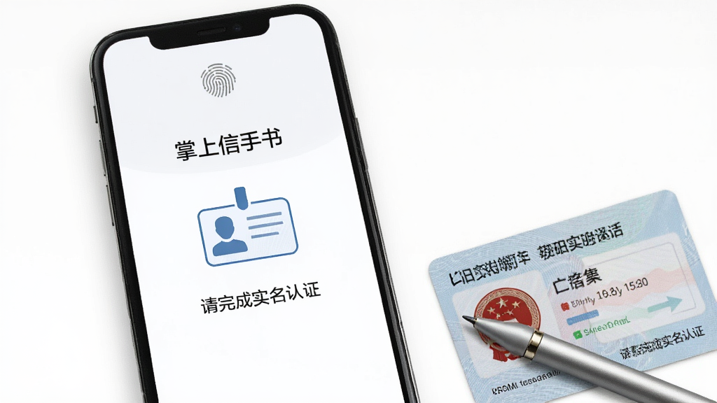手机屏幕显示“掌上信手书”的实名认证页面,页面上有身份证图标和“请完成实名认证”的提示文字。手机旁边放着一张身份证和一支触控笔。布局为手机居中偏左,身份证和笔放在右下角。风格为简洁明快的操作指引图,细节包括屏幕上的指纹识别图标、身份证上的国徽图案、触控笔的金属笔尖。画质清晰,干净,无多余元素。