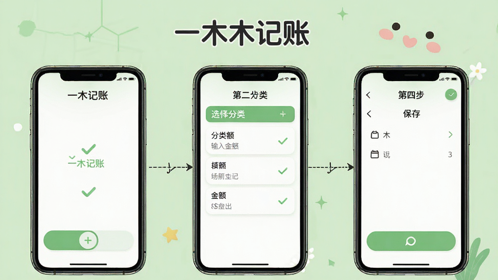 一木记账新手操作示意图,画面展示手机屏幕分步操作流程,第一步点击“+”按钮,第二步选择分类,第三步输入金额,第四步点击保存。背景为浅绿色,风格清新友好,细节清晰,画质干净,无多余元素,图片中文字标注“一木记账”
