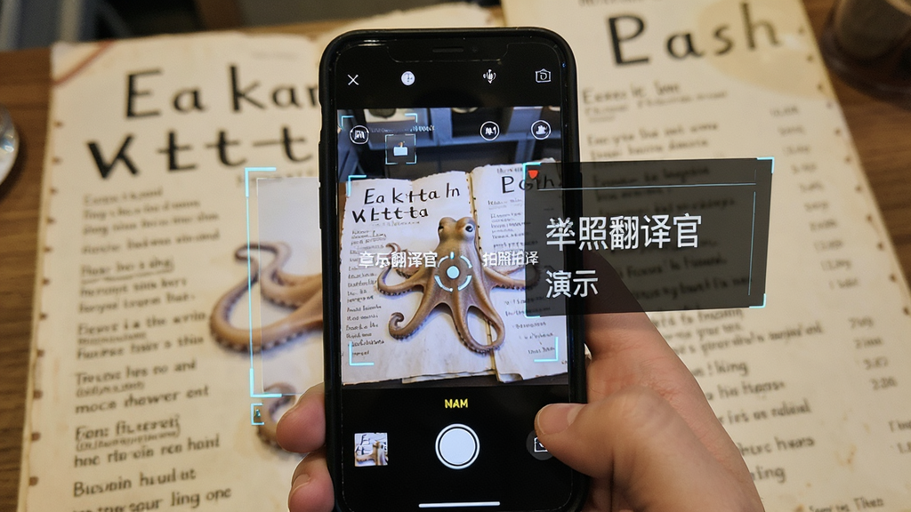 章鱼翻译官拍照翻译功能演示,主体是手机摄像头对准一份英文菜单,手机屏幕中显示拍摄画面并叠加了中文翻译文字,布局为实景与屏幕叠加,排版突出翻译覆盖效果,风格为科技感增强现实风格,细节包括识别框、翻译文字浮层、相机对焦图标,画质清晰锐利,无多余干扰元素。