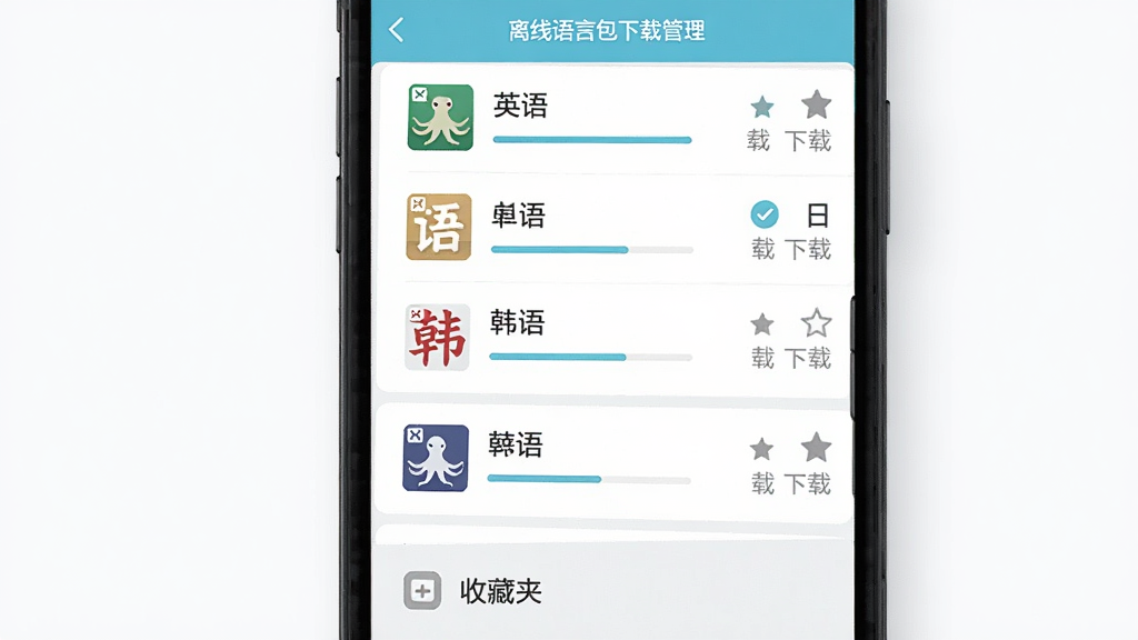 章鱼翻译官离线翻译与收藏功能界面,主体是手机屏幕展示离线语言包下载管理页面,列表中显示英语、日语、韩语等语言包及下载状态,下方有收藏夹入口,布局为上下滚动列表结构,排版清晰有序,风格为清新浅色系扁平设计,细节包括下载进度条、对勾图标、收藏星标,画质干净整洁,无多余元素。