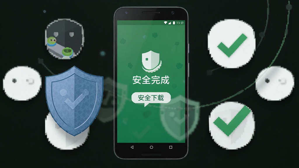 章鱼翻译官安全下载安装提示图,主体是一部安卓手机屏幕显示安装完成界面,旁边有盾牌图标和绿色对勾,布局为手机居中、图标环绕,排版突出安全下载主题,风格为扁平化安全提示风格,细节包括“安全下载”文字标签、盾牌纹理、柔和阴影,画质干净清晰,无多余元素。