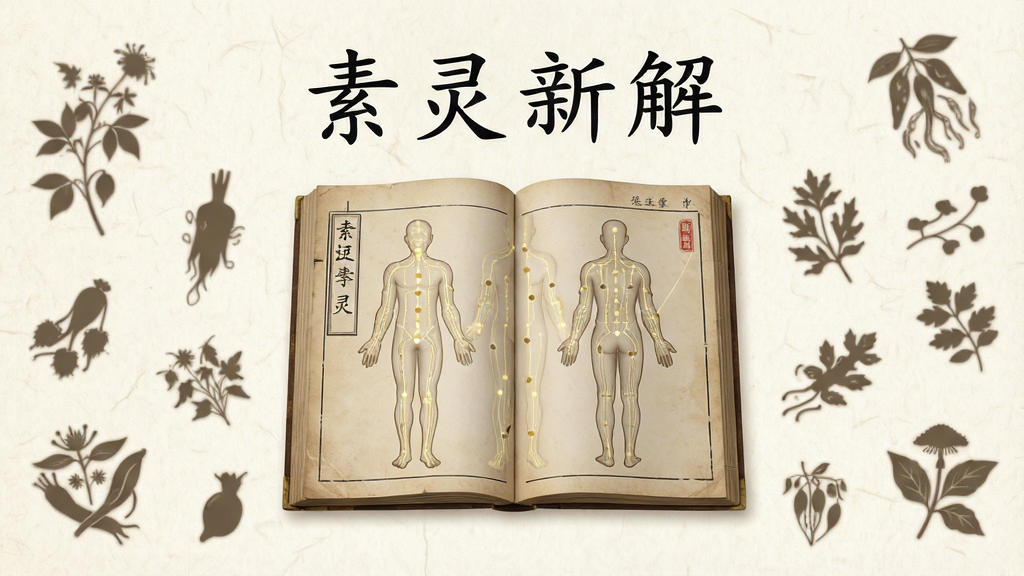 画面中央是一本展开的古典中医典籍,书页上浮现出淡金色的人体经络线条与穴位标记,四周环绕着柔和的中草药植物剪影,背景为米白色宣纸质感,上方用楷体书写“素灵新解”四个字,整体布局居中对称,风格古朴典雅,细节精致,画质清晰干净,无多余元素
