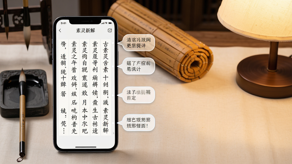 画面主体是一部智能手机,屏幕显示“素灵新解”应用内的古文阅读界面,竖排繁体文字排列整齐,右侧有注释气泡浮出,背景是书房案头场景,有毛笔、砚台和一卷竹简作为点缀,布局为手机居中偏左,右侧留白处放一盏暖光台灯,风格写实柔和,细节丰富,画质干净清晰,无杂乱元素
