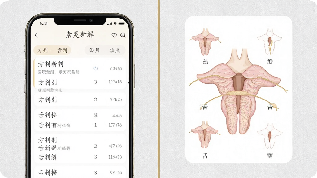 画面分为左右两部分,左侧是“素灵新解”应用中的方剂列表界面,右侧是舌诊参考图例,中间用一条淡金色竖线分隔,背景为浅灰色纹理,整体布局均衡,风格医学插画感,细节清晰,画质干净,无多余装饰元素