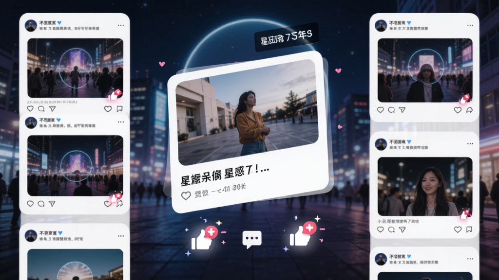 一张展示不夜星球动态广场的图片,画面中央是一条带有图片和文字的动态卡片,下方有点赞评论图标,左右两侧有其他动态缩略图,布局采用瀑布流,排版错落有致,风格为明亮社交风,细节上点赞图标带有动画光效,画质高清,干净,无多余元素