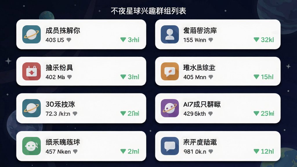 一张展示不夜星球兴趣群组列表的图片,画面中排列着多个带有不同图标和名称的群组卡片,卡片上有成员数量和活跃度标识,布局采用双列网格,排版整齐,风格为清新扁平化,细节上卡片带有轻微阴影和圆角,画质高清,干净,无多余元素