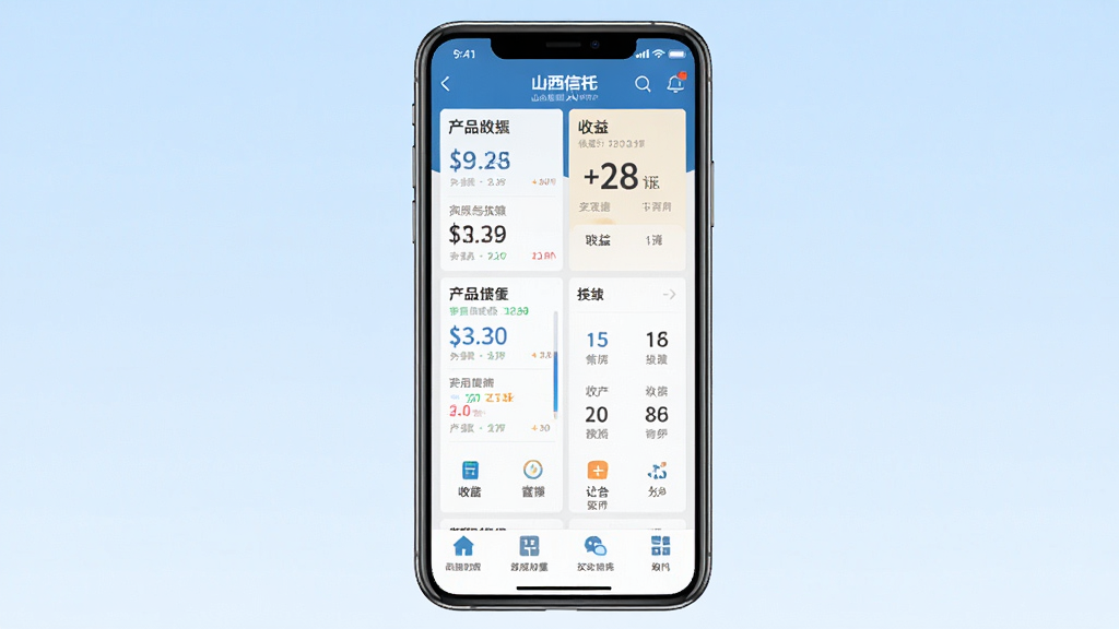 一张展示山西信托App核心界面的手机样机图,画面中央是一部竖屏智能手机,屏幕内呈现山西信托App首页,包含产品列表、收益展示与功能图标,背景为简洁的浅蓝色渐变,整体布局清晰,风格商务专业,细节精致,画质干净,无多余元素