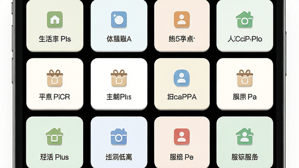 生活Plus一站式生活服务功能界面展示,主体为手机屏幕排列多个功能卡片,卡片上标注不同生活服务图标,布局为两列网格排列,排版整齐,风格为清新浅色系,细节上卡片带有轻微阴影和圆角,文字清晰可读,画质高清,画面干净,无多余元素